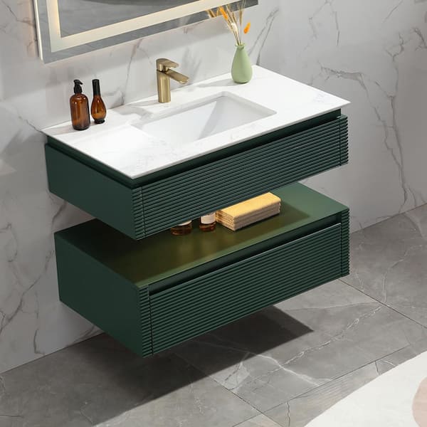 Lonni 36 in. W x 20.7 in. D x 19.6 in. H Floating Single Sink Solid Oak Bath Vanity in Green with White Marble Top and Lights