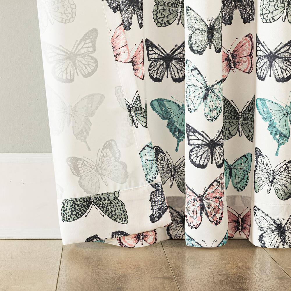 Blue Butterfly Print Sheer Polyester Rod Pocket Curtain Panel