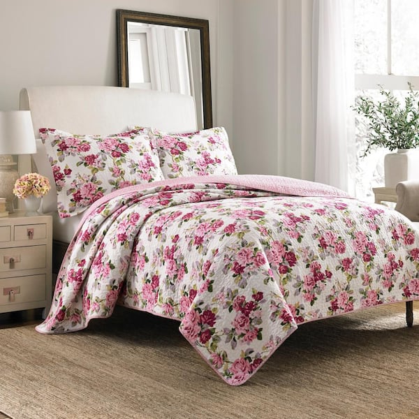 Laura Ashley Lidia 3-Piece Multicolored Pink Floral Cotton King Quilt Set  188275 - The Home Depot