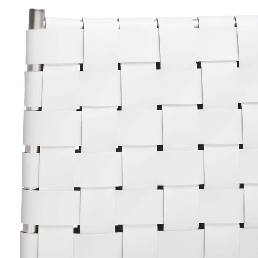Saddle Style Woven White Leather Counter Stool with Silver Metal Base
