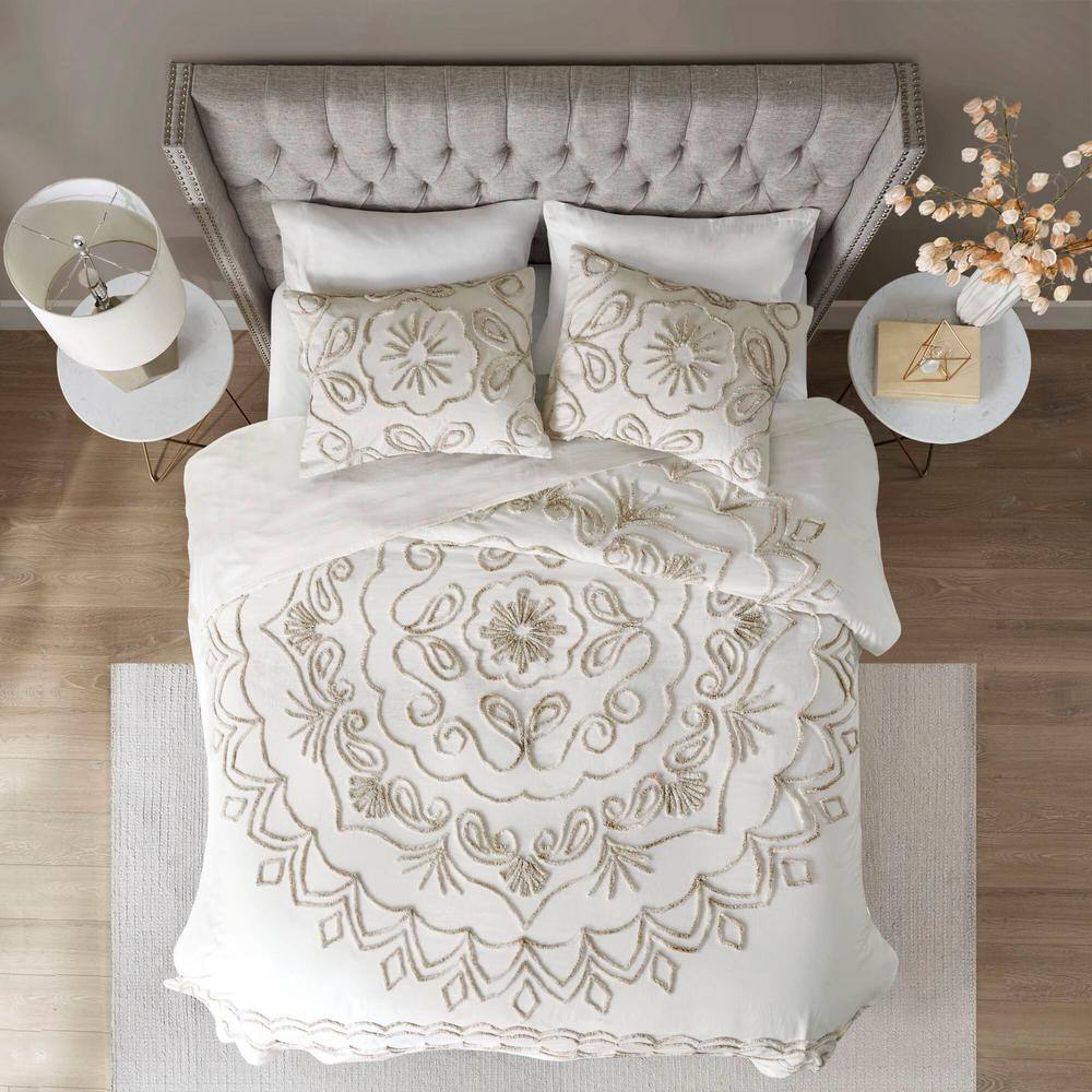 Ivory Full Tufted Cotton Chenille Coverlet Set with Graphic Detail