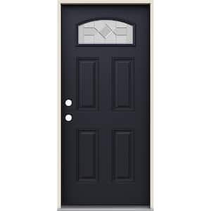 36 in. x 80 in. Right-Hand/Inswing Camber Top Caldwell Decorative Glass Black Fiberglass Prehung Front Door