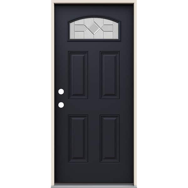 JELD-WEN 36 in. x 80 in. Right-Hand/Inswing Camber Top Caldwell Decorative Glass Black Fiberglass Prehung Front Door