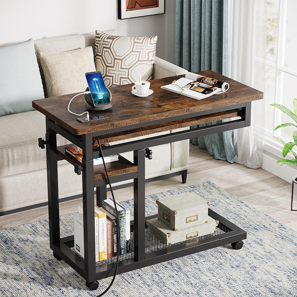 Kerlin 31.5 in. Rustic Brown Adjustable C-Shaped End Table with Power Outlets and Wheels