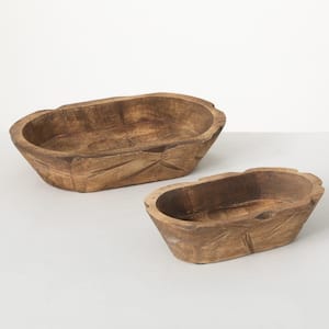 Brown Wooden Oblong Dough Bowl Decor - Set of 2