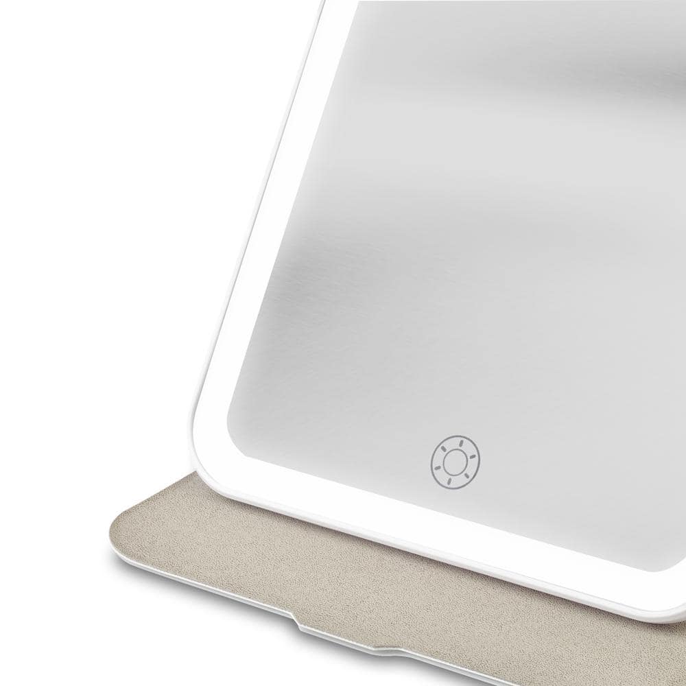 White Shatterproof Travel Mirror with Adjustable Stand and Light