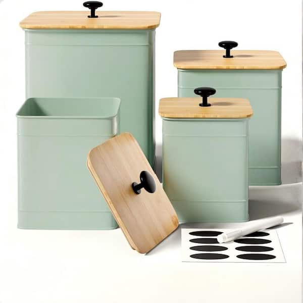 4-Piece Iron Kitchen Canister Set with Airtight Bamboo Lids, Chalkboard Labels, Marker Pen for Countertop in Sage Green