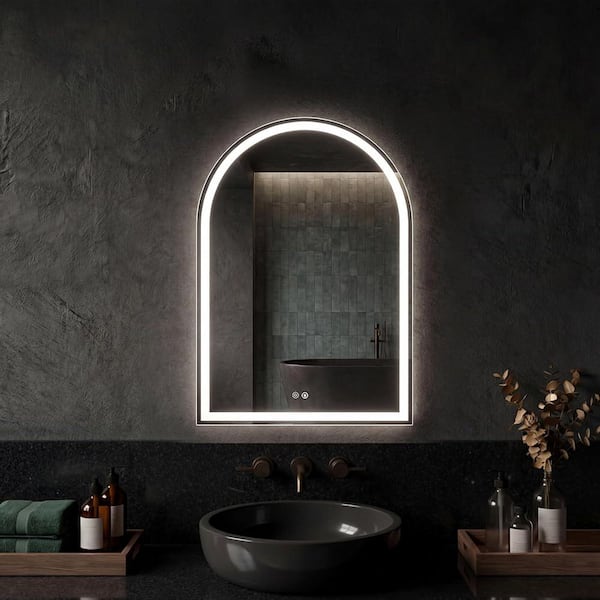 24 in. W x 32 in. H Arched Framed Wall Bathroom Vanity Mirror in White with Lights, 3-Color Light, Memory Function