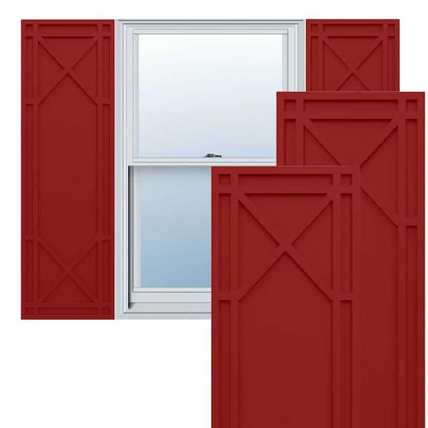 Ekena Millwork True Fit PVC 15 in. W x 74 in. H Raised Panel Vinyl Shutters Pair in Fire Red