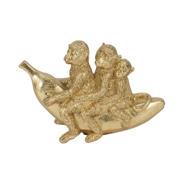 Liv & Skye Gold 8 in. x 5 in. Resin Novelty Three Monkeys On Banana Figurine
