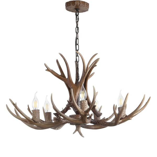 Eldora 30 in. Adjustable Resin Antler 5-Light Brown LED Chandelier