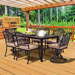 Dack Brown 7-Piece Aluminum Rectangle Table Outdoor Dining Set with Khaki Cushions and Umbrella Hole Seating for 6