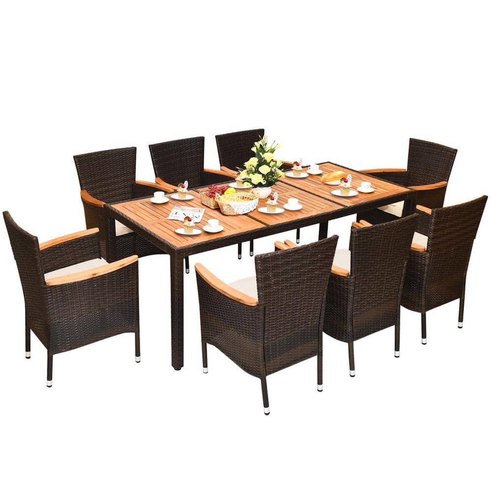 Gymax 9Piece Wicker Outdoor Dining Set with Cushion Beige Rattan Patio
