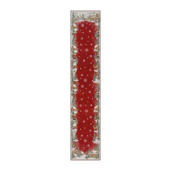 Snowy Village 2 ft. x 10 ft. Red Christmas Washable Area Rug Runner Rug