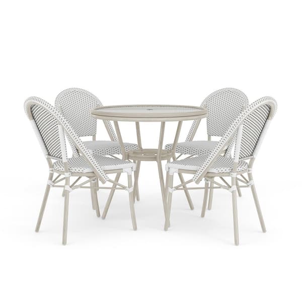 Lily Pond White/Gray with Natural Woodgrain Aluminum 31.5 in. Round Outdoor Bistro Dining Table with 4 Bistro Chairs