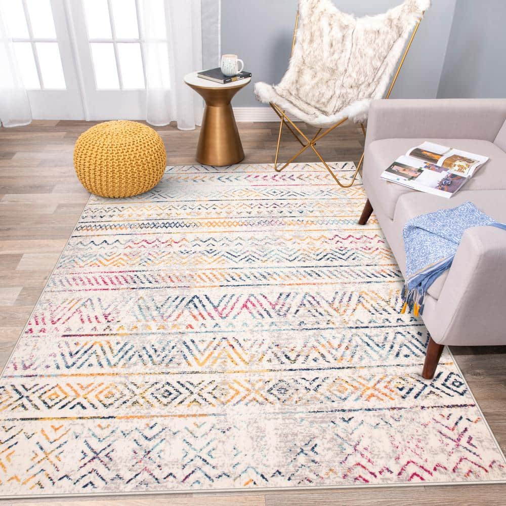 Multicolored Geometric Bohemian Synthetic Area Rug 7'10" x 10'