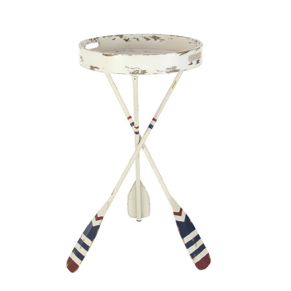 White Metal Ship Wheel Top Accent Table with Paddle Legs