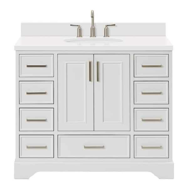 Stafford 42 in. Single Sink Freestanding Bathroom Vanity in White with Pure White Quartz Top