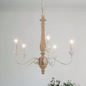 French Country 5-Light Antique White Natural Wood Candlestick Chandelier Living Room Adjustable Hanging Ceiling Light