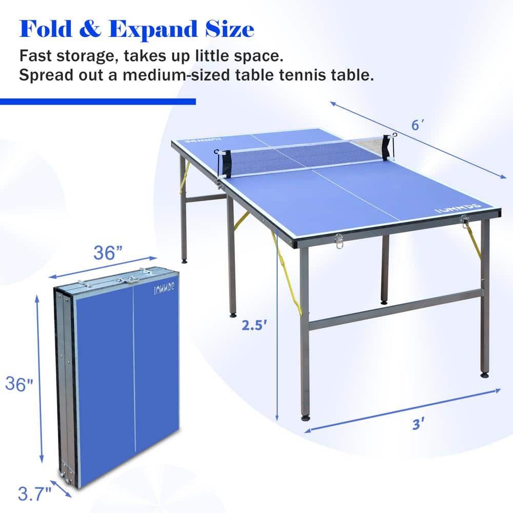 Blue 6ft Foldable MDF Ping Pong Table Set with Net and Paddles