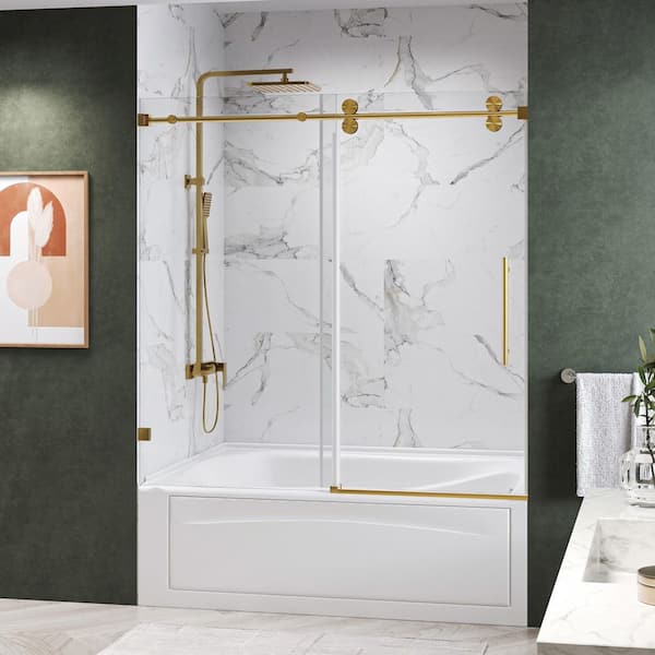KWRAD 60 in. W x 72 in. H Single Sliding Frameless Tub Door in Brushed Gold with 3/8 in. Clear Glass