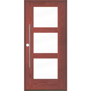 Modern Faux Pivot 36 in. x 80 in. 3-Lite Right-Hand/Inswing Clear Glass Redwood Stain Fiberglass Prehung Front Door