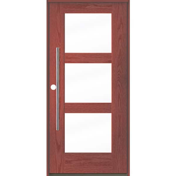 Krosswood Doors Modern Faux Pivot 36 in. x 80 in. 3-Lite Right-Hand/Inswing Clear Glass Redwood Stain Fiberglass Prehung Front Door