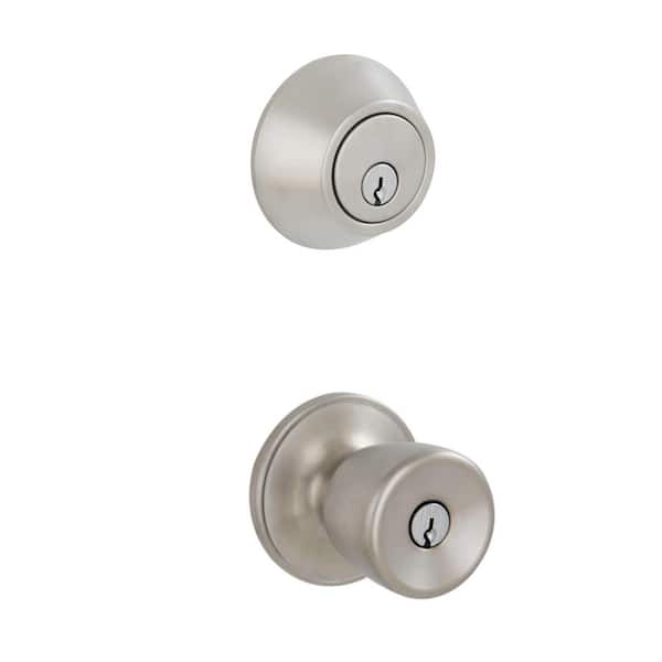 ESSENTIALS by Schlage Brill Satin Stainless Steel Single Cylinder Deadbolt and Keyed Entry Door Knob Combo Pack