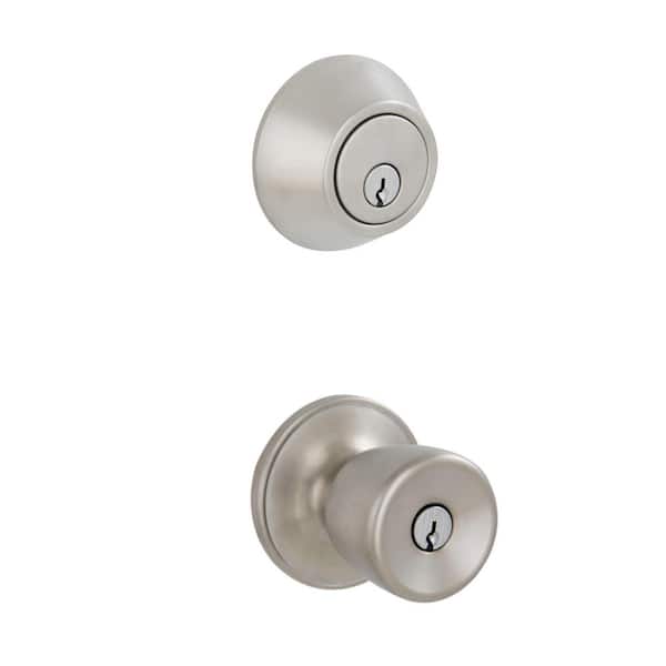 Brill Satin Stainless Steel Single Cylinder Deadbolt and Keyed Entry Door Knob Combo Pack