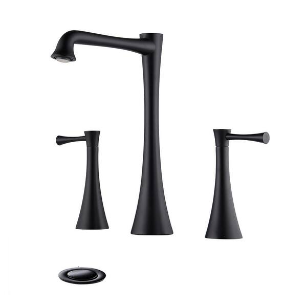 GIVING TREE 8 in. Widespread 2-Handle 360-Degree Gooseneck Bathroom Faucet Combo Kit with Drain Included and Pop-Up in Matte Black