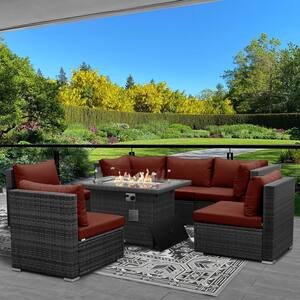 Large Size 7-Piece Charcoal Wicker Patio Fire Pit Conversation Sectional Deep Seating Sofa Set with Ruby Red Cushions