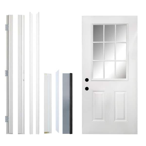 36 in. x 80 in. Right-Hand 9 Lite Clear Glass Primed White Primed Fiberglass Prehung Front Door with Hinges, Threshold