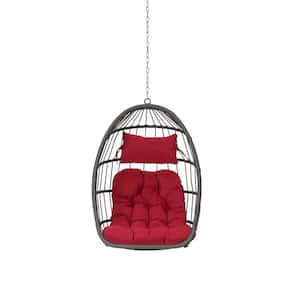 Gray Wicker Outdoor Garden Porch Swing with Red Cushions, Egg Swing Chair Hanging Chair