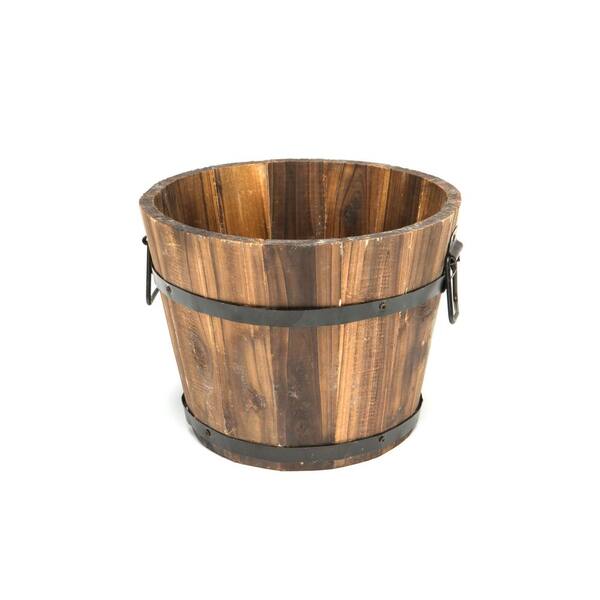 Devault Enterprises 10 in. Dia x 8 in. H Brown Wooden Small Round Whiskey Barrel Planter