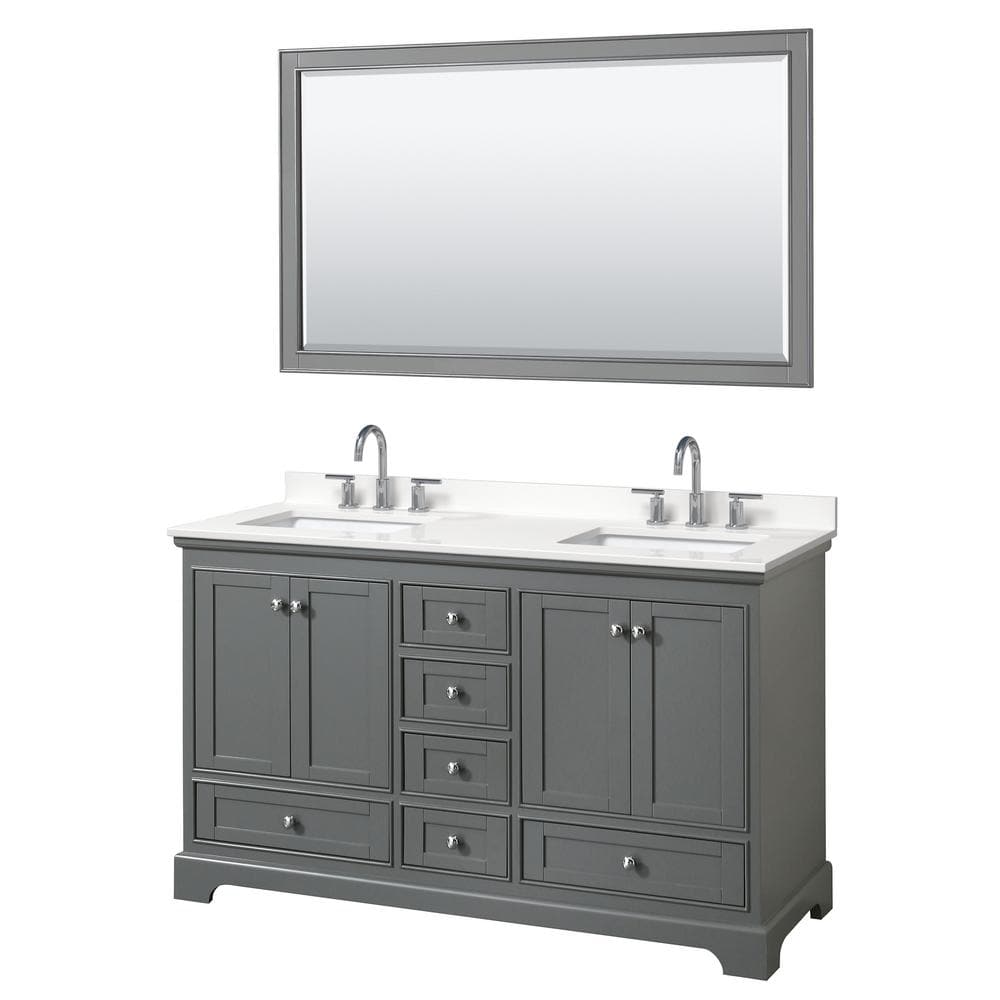 Wyndham Collection Deborah 60 in. W x 22 in. D x 35 in. H Double Bath Vanity in Dark Gray with White Quartz Top and 58 in. Mirror, Dark Gray with Polished Chrome Trim -  840193384934
