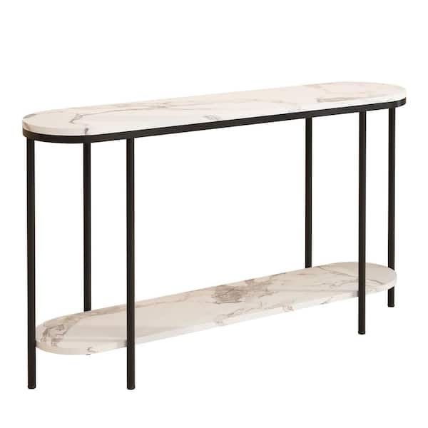 Karl home 42.13 in. White and Black Oval Marble Grain MDF Console Table with Shelf