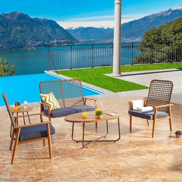 5-Piece Metal Patio Conversation Set with Blue Cushions