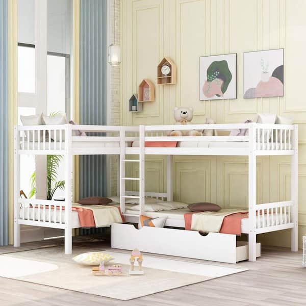 White Twin L, Shaped Bunk Bed with Drawers
