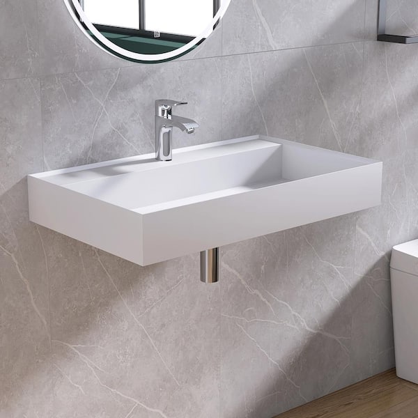 31 in. Wall-Mount/Vessel Solid Surface Bathroom Sink in White with Single Faucet Hole