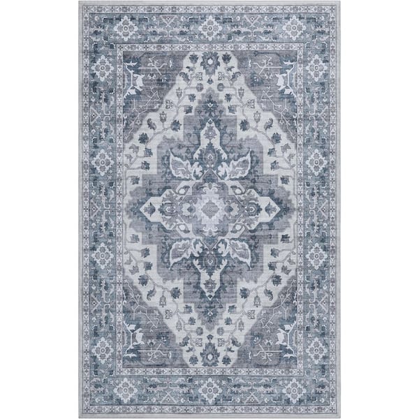Superbia Boho Medallion Border Non-Slip Machine-Washable Blue/Gray 4 ft. x 6 ft. Area Rug