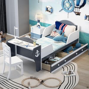 Gray and White Twin Size Boat-Shaped Platform Bed with 2-Drawers, Desk and Chair