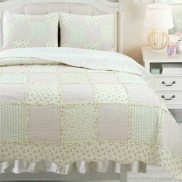 Cozy Line Home Fashions 3-Piece Sweet Light Peachy Pink Floral Patchwork  Gingham Ruffle Scalloped Cotton Queen Quilt Bedding Set BB20170521Q - The Home  Depot