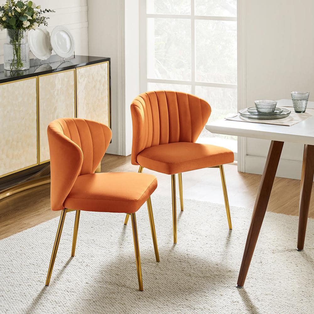 Velvet Upholstered Low Back Side Chair in Orange with Brass Legs, Set of 2