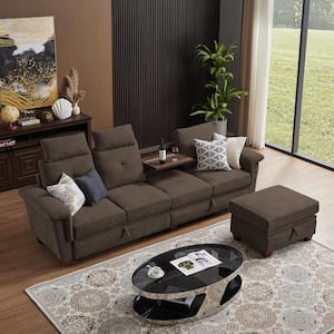 109.06 in. Square Arm Fabric L Shape Sectional Sofa with Storage Space and Hidden Coffee Table in Coffee