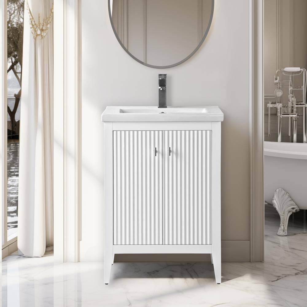 Linear White 24" Single Sink Bathroom Vanity with Ceramic Top