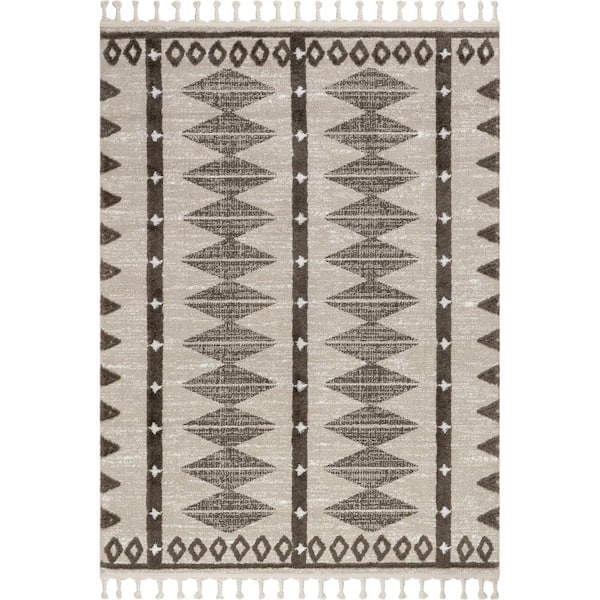 Autumn Geometric Tasseled Beige 10 ft. x 13 ft. Indoor/Outdoor Patio Area Rug