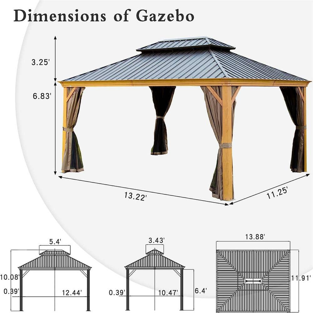 14' x 12' Brown Aluminum Patio Gazebo with Black Roof