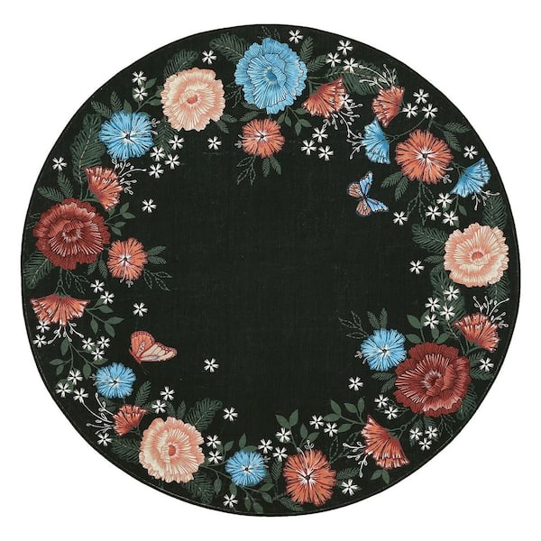 Wavy Edge Decorative Machine Washable Vintage Floral Printed Carpet for Bedroom Apartment Black 4 ft. x 4 ft. Area Rug