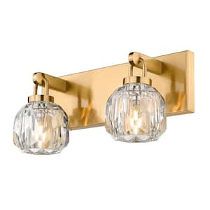 Modern 14 in. 2 Light Brushed Gold Bathroom Vanity Lights Over Mirror with Crystal Shade