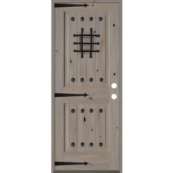 Krosswood Doors 30 in. x 80 in. Mediterranean Knotty Alder Left-Hand/Inswing Clear Glass Speakeasy Grey Stain Wood Prehung Front Door